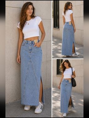 Levi’s Jean Size 28 High Rise Light Wash Denim Maxi Skirt  Cotton Side Slit E